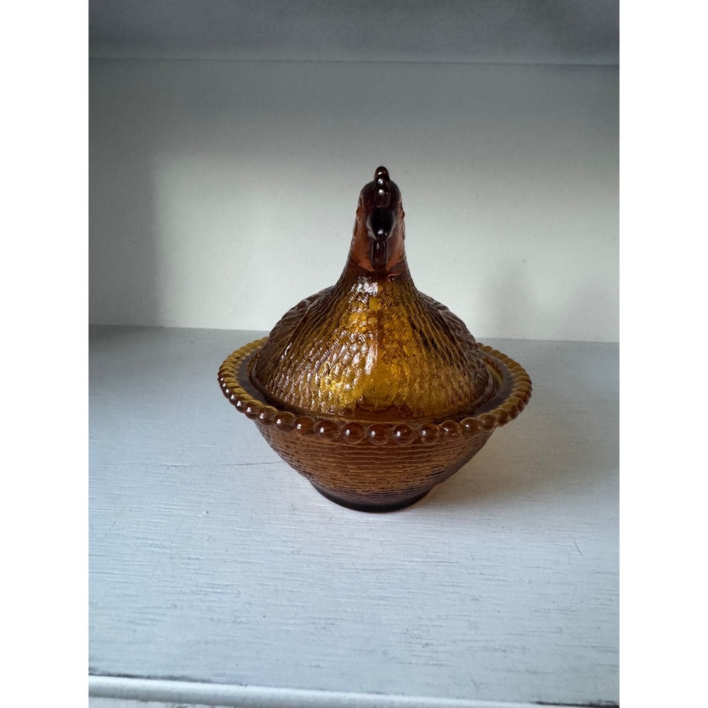 Vintage Indiana Glass Amber Hen On Nest Covered Dish Candy Bowl 7" - Picture 2 of 7